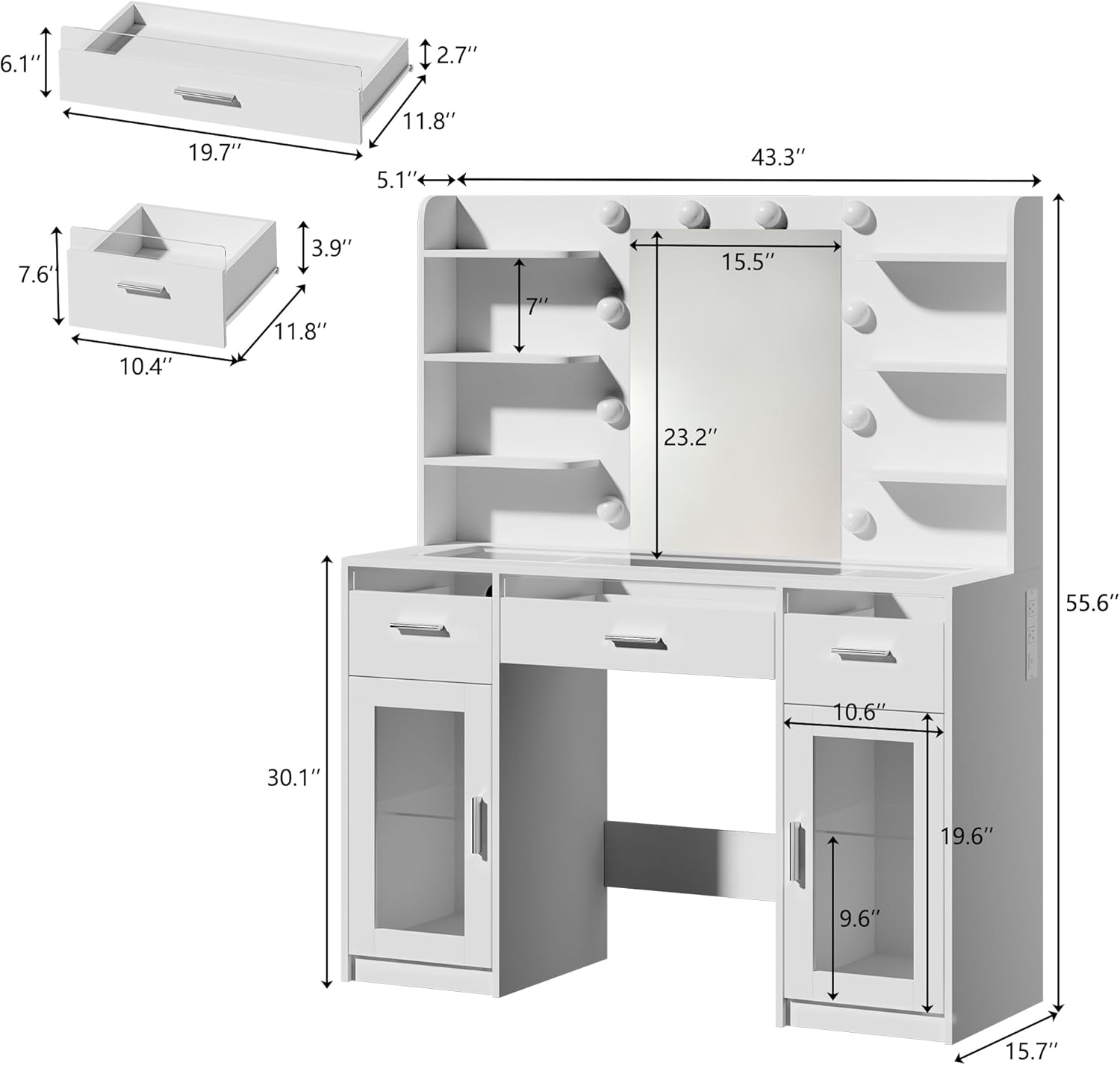 HUAHUU Vanity Desk, Makeup Vanity Desk with Mirror and Lights 3 Colors, Transparent Top with 3 RGB Drawers, 6 Shelves, 2 Large Tempered Cabinets, Power Outlet, for Bedroom, White