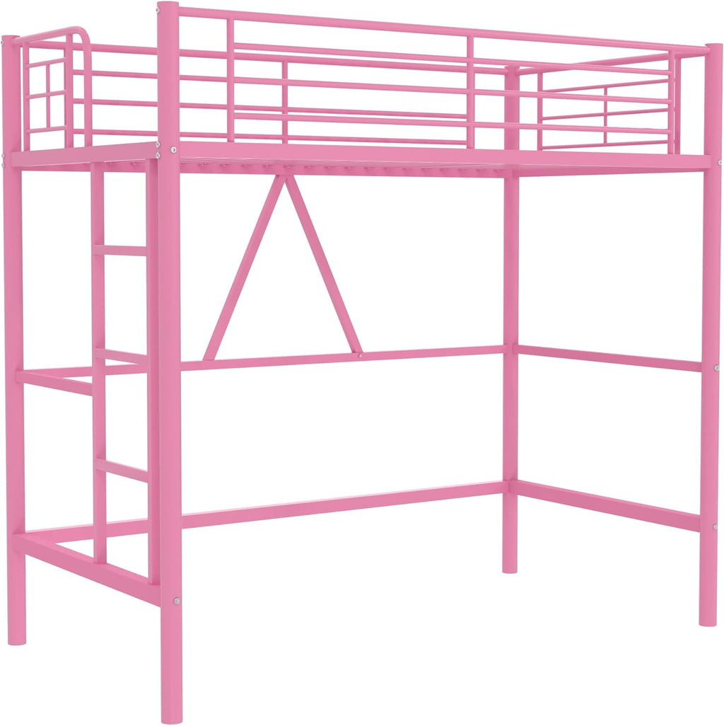 VECELO Loft Bed Twin Size, Metal Bedframe with Removable Ladder and Safety Guardrail, No Box Spring Needed, Space Saving, Noise Free, Light Pink