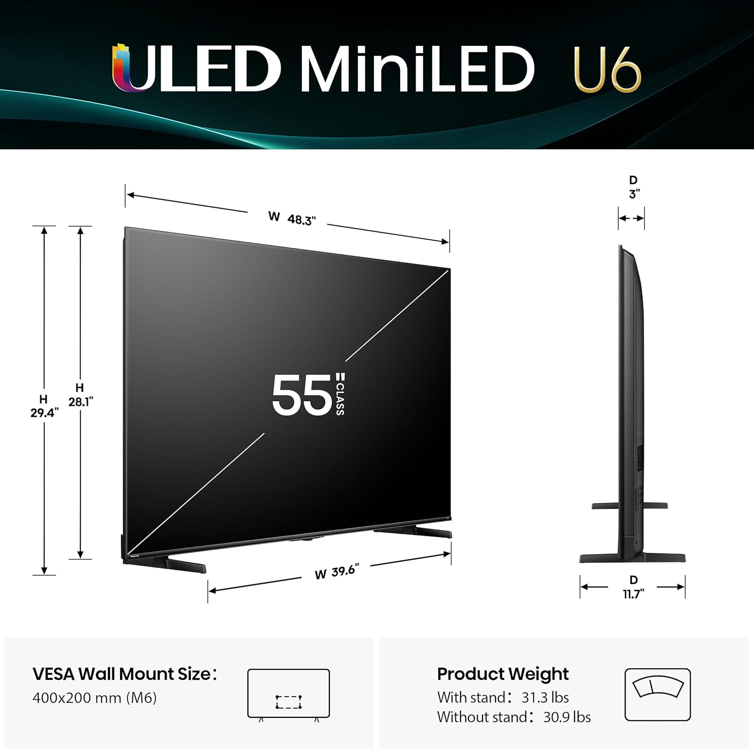 Hisense 55" Class U6 Series Mini-LED 4K UHD Smart Fire TV (55U65QF, 2025 Model) - QLED, Native 144Hz, HDR10+, Dolby Vision IQ, Dolby Atmos, Game Mode Pro, ALLM, Alexa Built in, Black