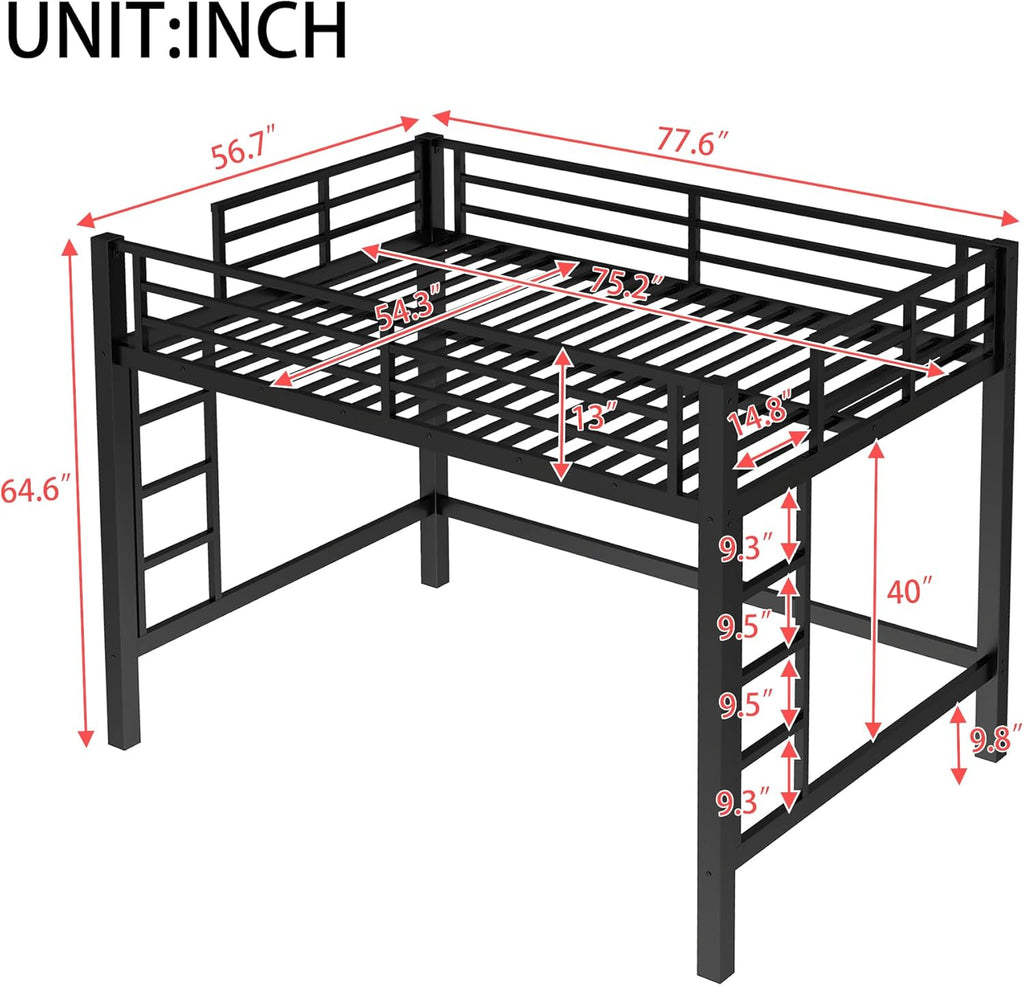 Bellemave Full Loft Bed with 2 Ladders and Guardrails, Metal Loft BedFrame for Adults, Kids, Teens, Black