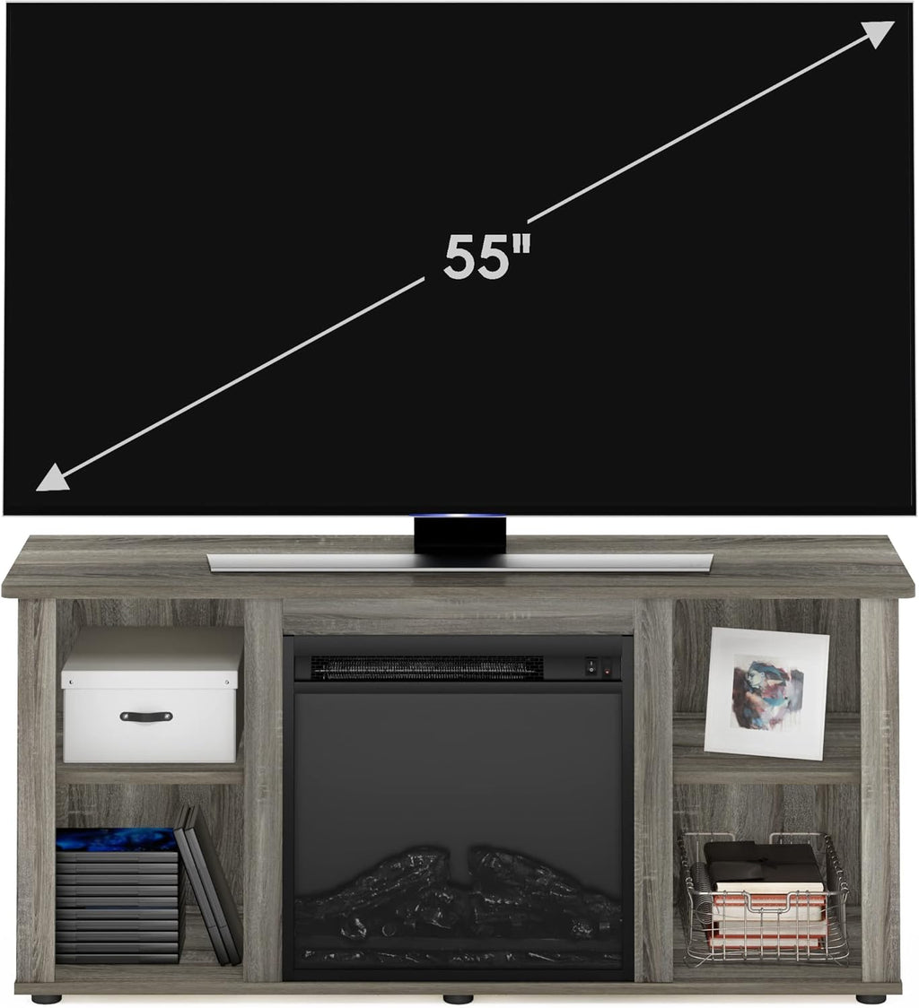 Furinno Jensen Fireplace Entertainment Center TV Stand with Open Storage for TV up to 55 Inch, French Oak Grey