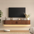 55" Floating TV Stand with Power Outlet for TVs up to 65", Fluted Entertainment Center with Remote Control for LED Lights, Mid-Century Modern TV Console w/Sliding Door for Living Room, Bedroom Walnut