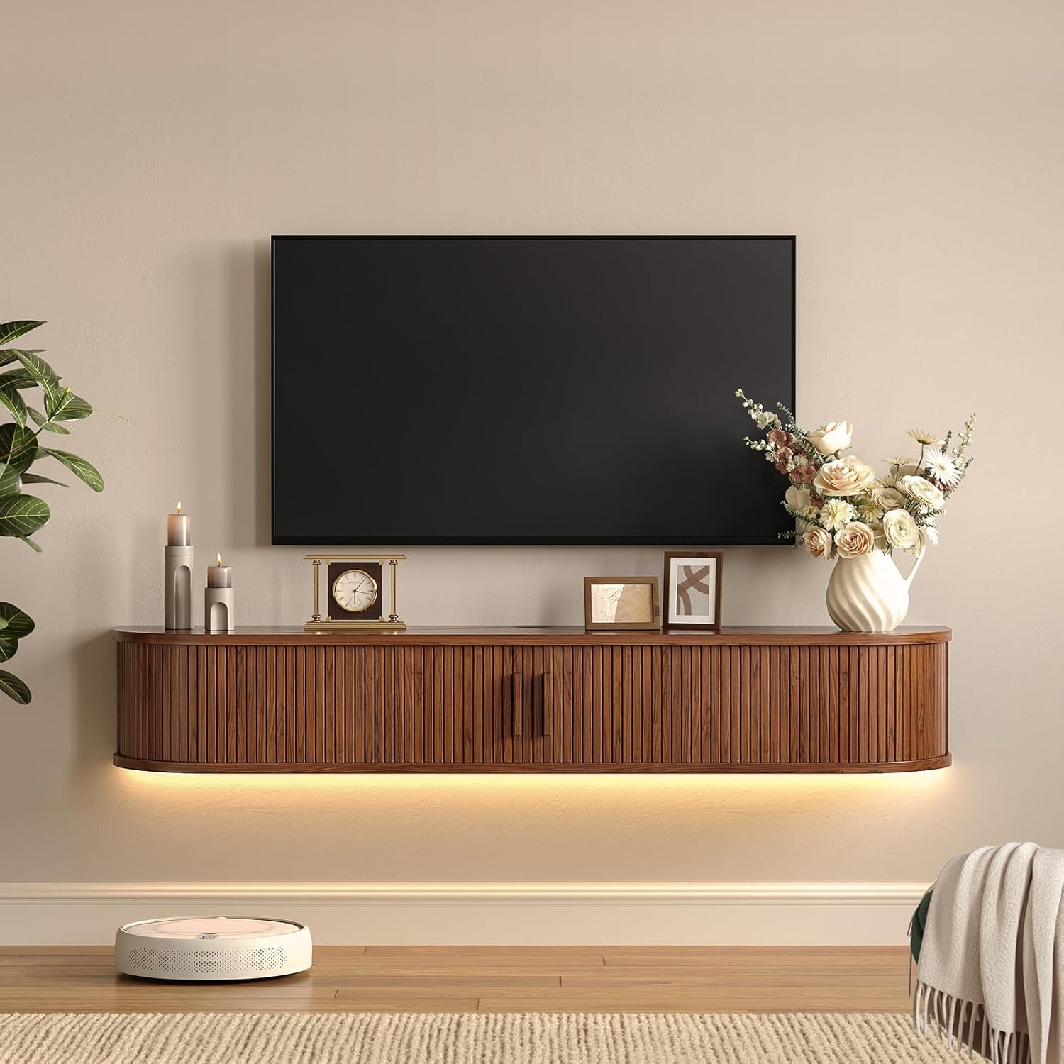 55" Floating TV Stand with Power Outlet for TVs up to 65", Fluted Entertainment Center with Remote Control for LED Lights, Mid-Century Modern TV Console w/Sliding Door for Living Room, Bedroom Walnut