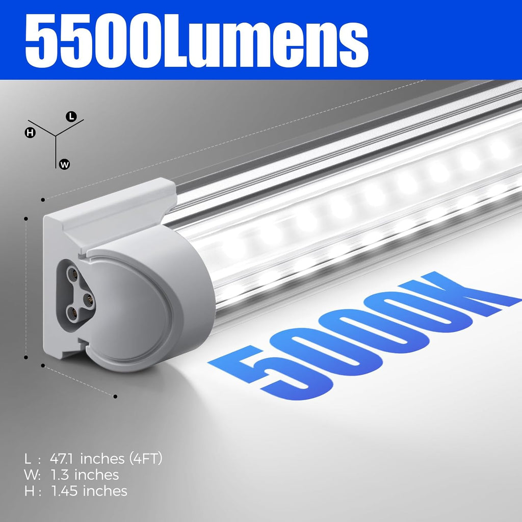 Barrina LED Shop Lights 4FT, 40W 5500LM 5000K Daylight White, T8 LED Garage Lights, V Shape, Clear Cover, High Output Tube, Linkable 4 Foot LED Strip Light for Workshop, Warehouse with Plug, 10 Packs
