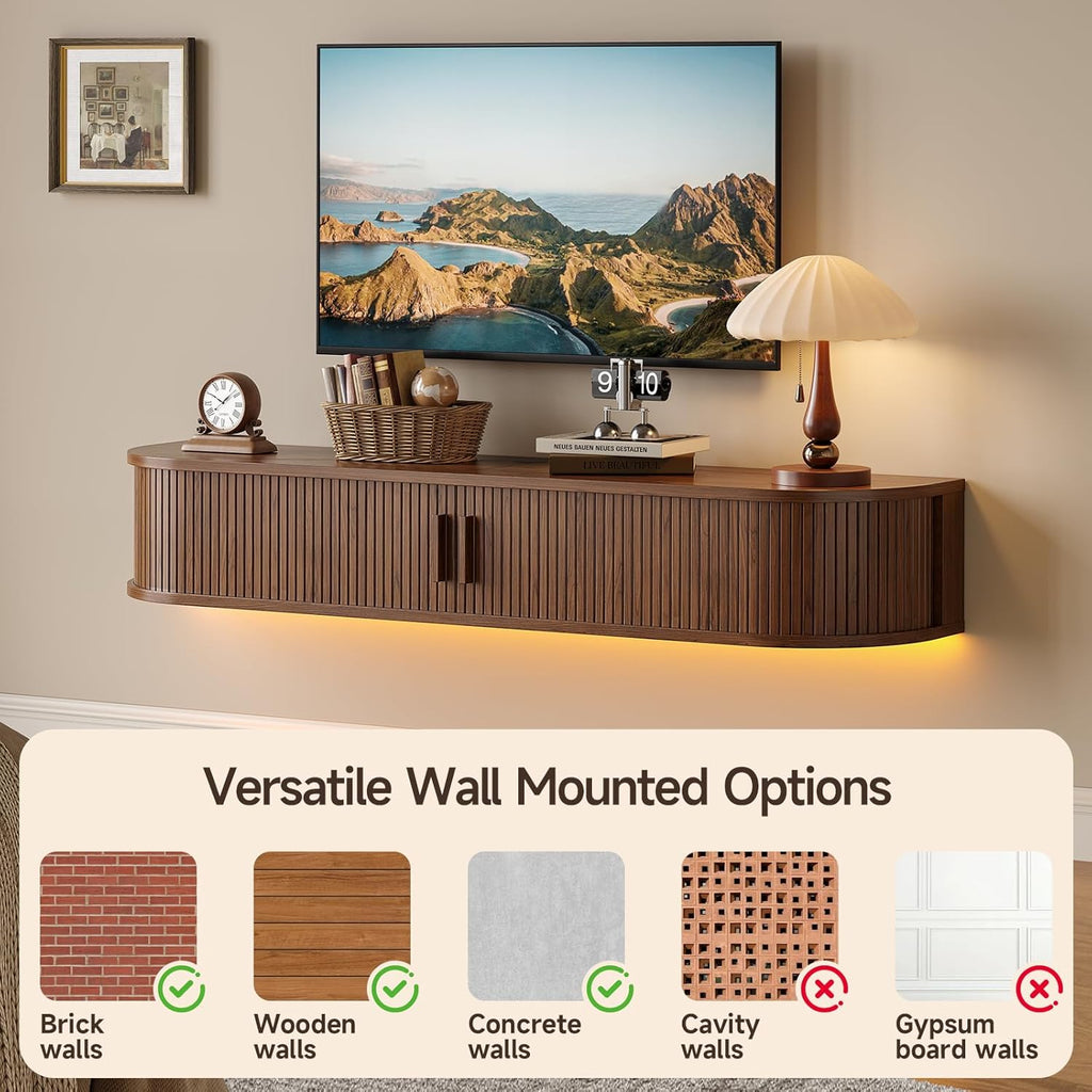 55" Floating TV Stand with Power Outlet for TVs up to 65", Fluted Entertainment Center with Remote Control for LED Lights, Mid-Century Modern TV Console w/Sliding Door for Living Room, Bedroom Walnut