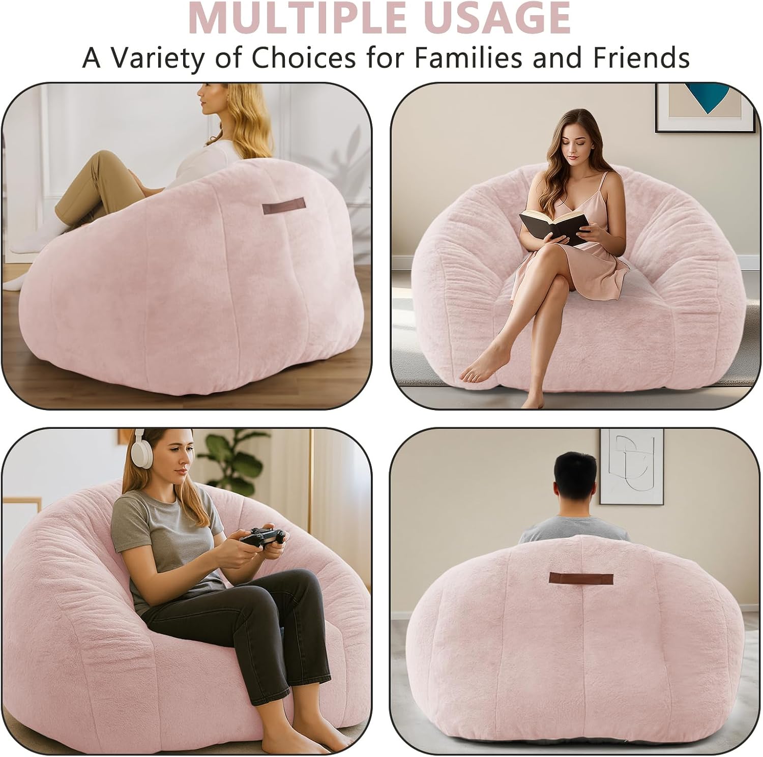 Bean Bag Chair for Adults, Soft Faux Fur Giant Beanbag Chairs, Oversized Cozy Bean Bag Couch Large Reading Chair, Comfy Bean Bag Sofa for Living Room, Bedroom & Dorm, Dusty Pink