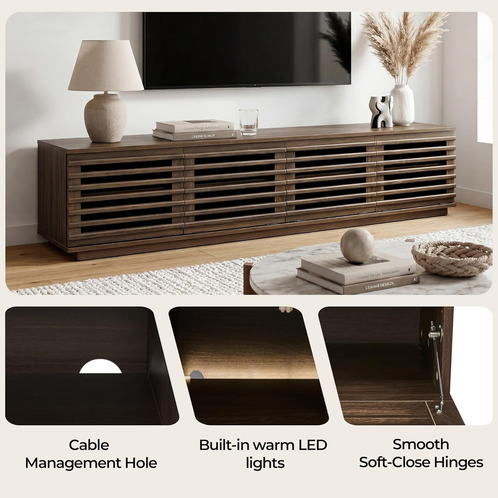 CHITA 70" Modern TV Stands with LED Light for TVs Up to 75 inches, Low Profile Entertainment Center with 4 Flip-Down Door & Fluted Details, TV Media Console for Living Room, Walnut
