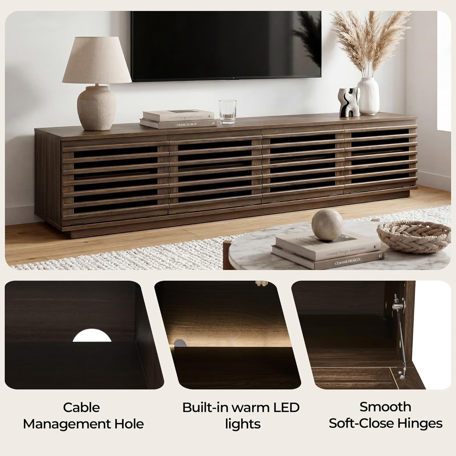 CHITA 70" Modern TV Stands with LED Light for TVs Up to 75 inches, Low Profile Entertainment Center with 4 Flip-Down Door & Fluted Details, TV Media Console for Living Room, Walnut