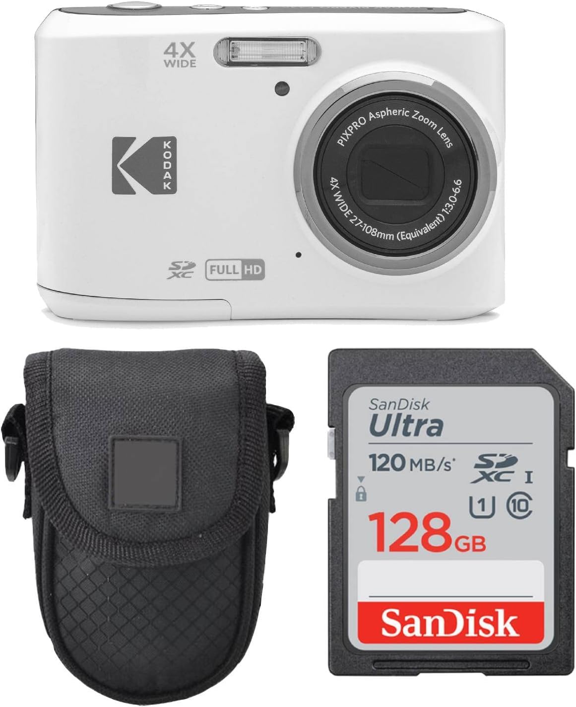 Kodak PIXPRO FZ45 Digital Camera + Point & Shoot Camera Case + Sandisk 128GB SDXC Memory Card