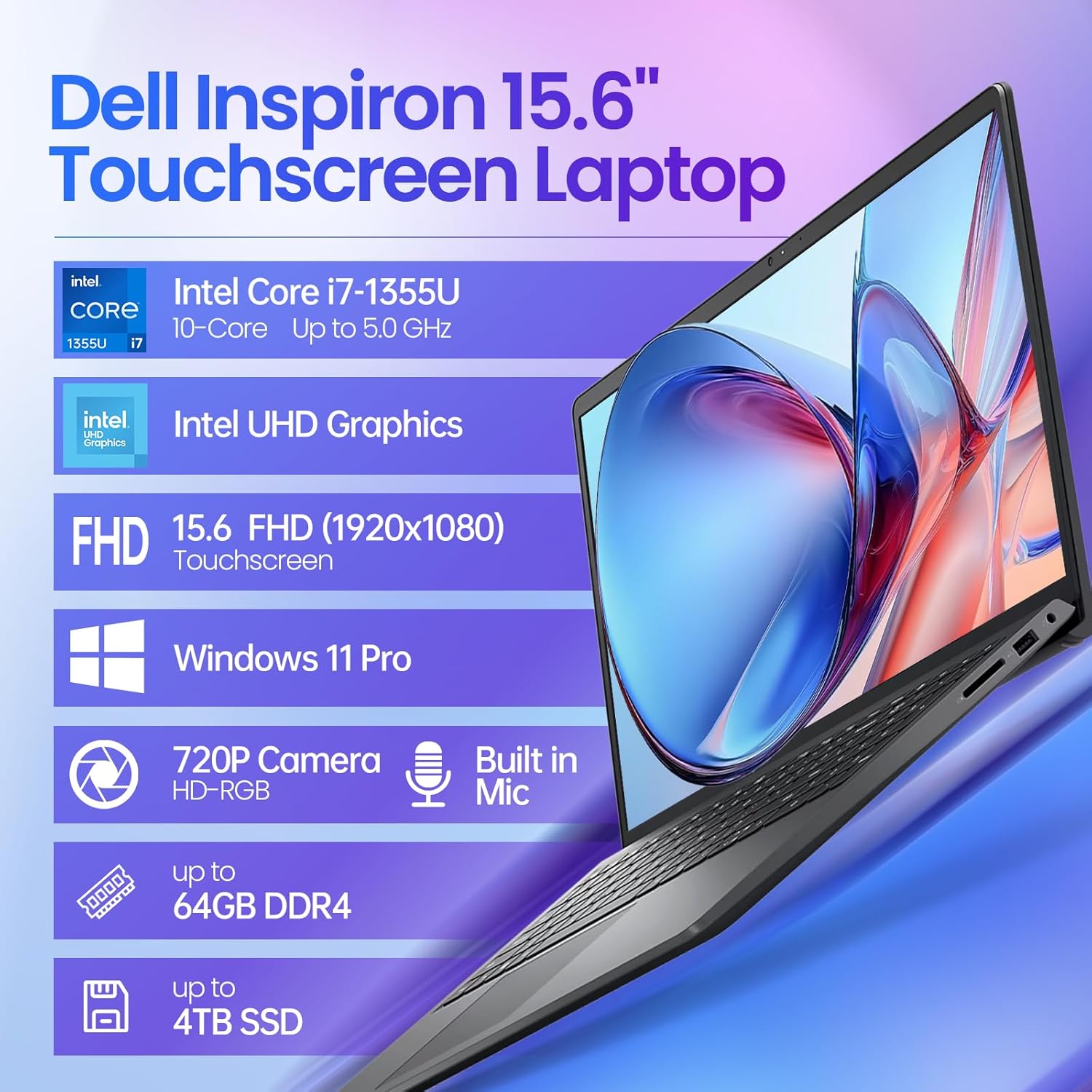 Dell 15 Business Touchscreen Laptop–Intel Core i7-1355U (10-Core), 16GB RAM, 1TB SSD Windows 11 Pro, Office 365 for the Web –15.6" FHD Touch, AI Copilot –2026 New Computer