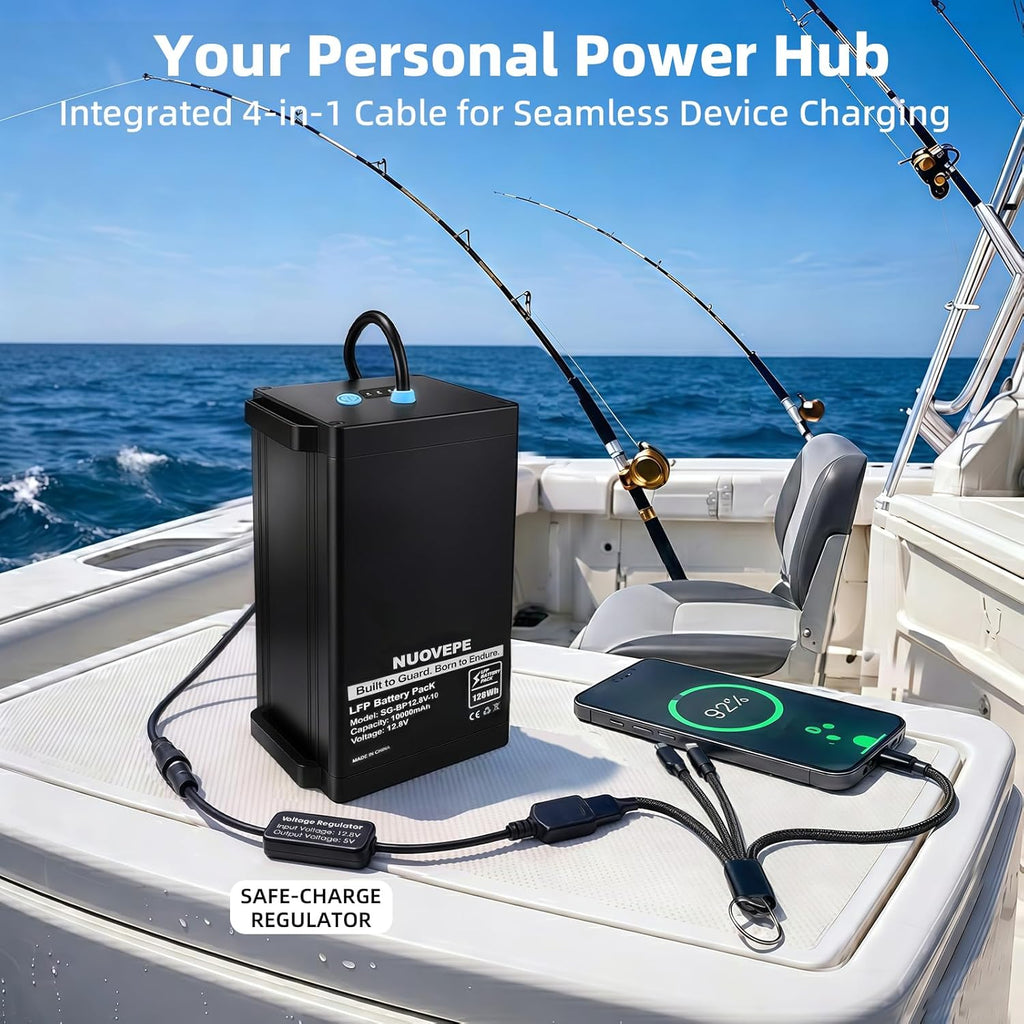 12V Portable Lithium Battery Kit with 4-in-1 Charging Cable, Waterproof Kayak Battery for Marine, Fishing, Kayak, Compatible with Fish Finder, GPS, Phone, Action Camera and Outdoor Devices