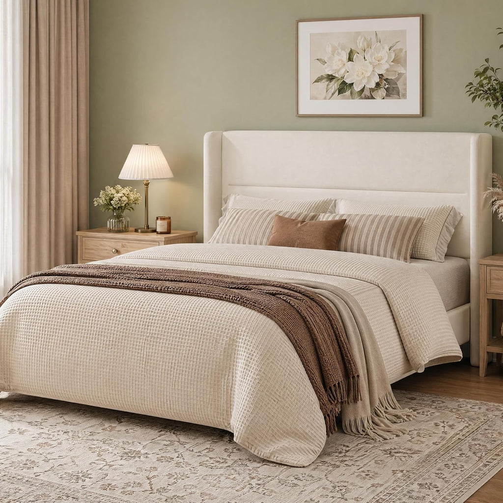 Garvee Queen Size Bed Frame with Wingback Headboard, Velvet Upholstered Platform Bedframe with Wood Slats, No Box Spring Needed, Easy Assembly, Beige