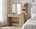AMERLIFE 36.2" Fluted Vanity Desk with Mirror and Adjustable LED Lights, Large 4 Drawers Makeup Vanity Table with Glass Top and Charging Station for Women and Girls, Bedroom or Dorm, Natural Oak