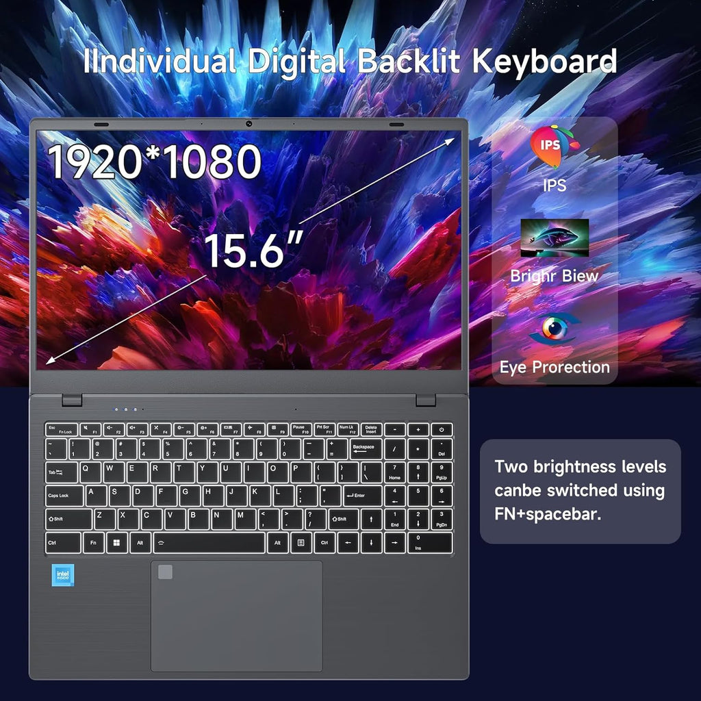 Windows11 Intel Laptop 15.6”HD Display（Celeron N5095） 16GB RAM 256GB SSD Storage .with Fingerprint Unlock | Privacy Camera | Backlit Keyboard .Suitable for Student and Business