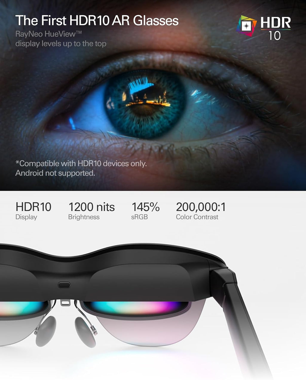 RayNeo Air 4 Pro AR/XR Glasses, HDR10 201" Virtual Display, 120Hz 3D Movie & Gaming Video Display, USB-C Plug & Play for iPhone 17/16/15, Android, Switch 2, PS5, Steam Deck