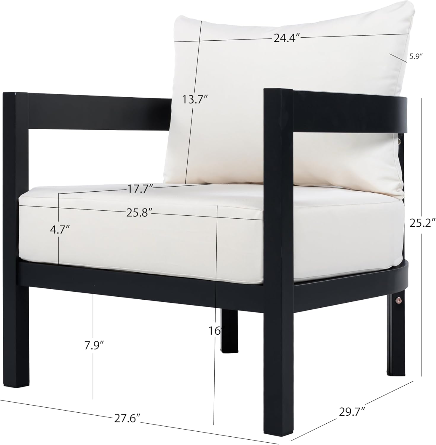Merax 27.6" Outdoor Curved Patio Accent Chair with All-Weather Coushions, Aluminum Frame Single Lounge for Chair Porch, Lawn, Backyard, Balcony,Black