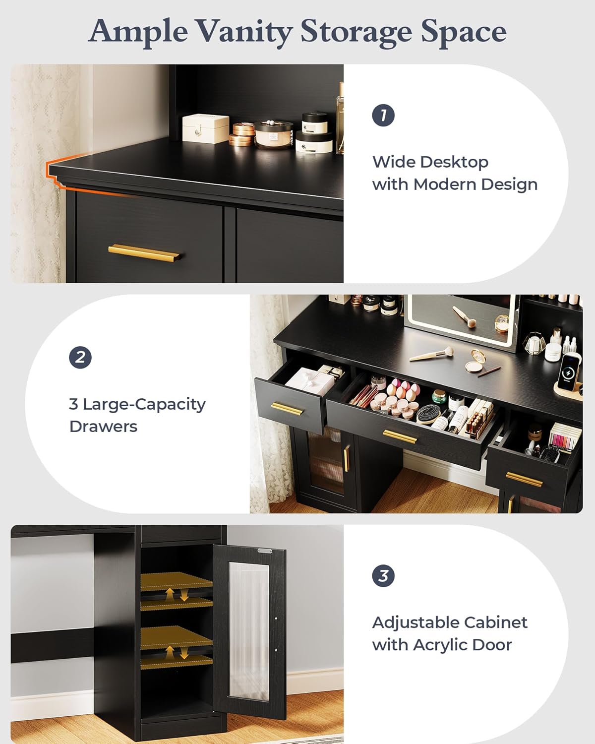 Memobarco Vanity Desk with Mirror and Lights, 43.5" Makeup Vanity with 3 Adjustable Lighting Modes, Large Vanity Desk with Sliding Mirror with 4 Drawers & 2 Cabinets, Power Outlets, Black