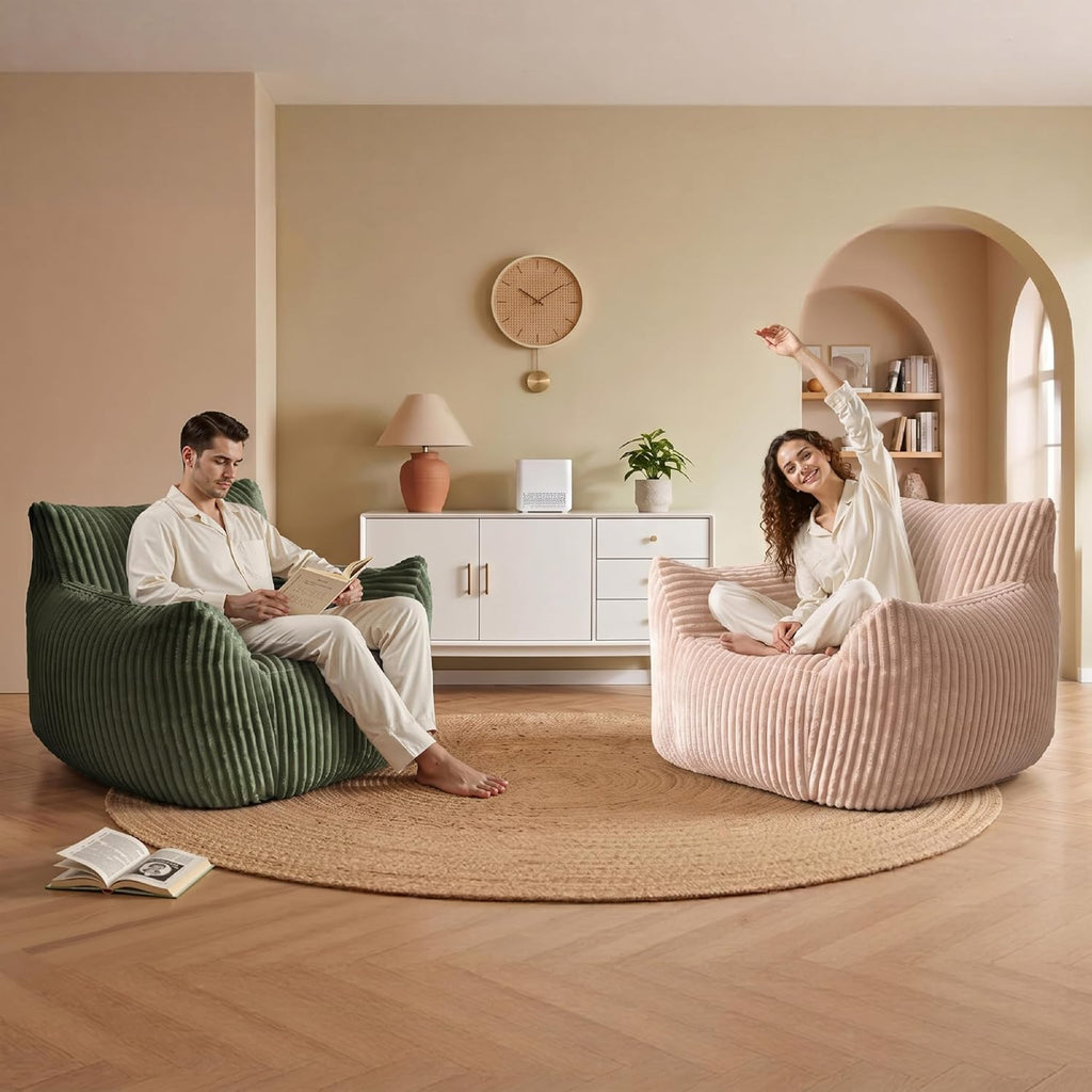 Bean Bag Chair with Armrests, Comfy Corduroy Beanbag Sofa for Adults, Stuffed Floor Accent Chair for Living Room, Bedroom, Green, Single