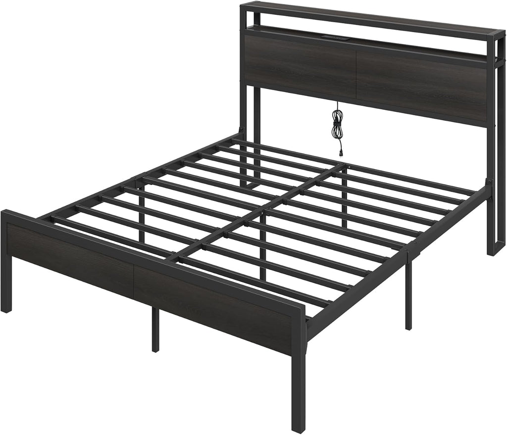 AMERLIFE Full Size Bed Frame with Storage Headboard & Charging Station, Industrial Metal Platform Bed with Large Under-Bed Storage, Heavy Duty Slats, No Box Spring Needed, Black