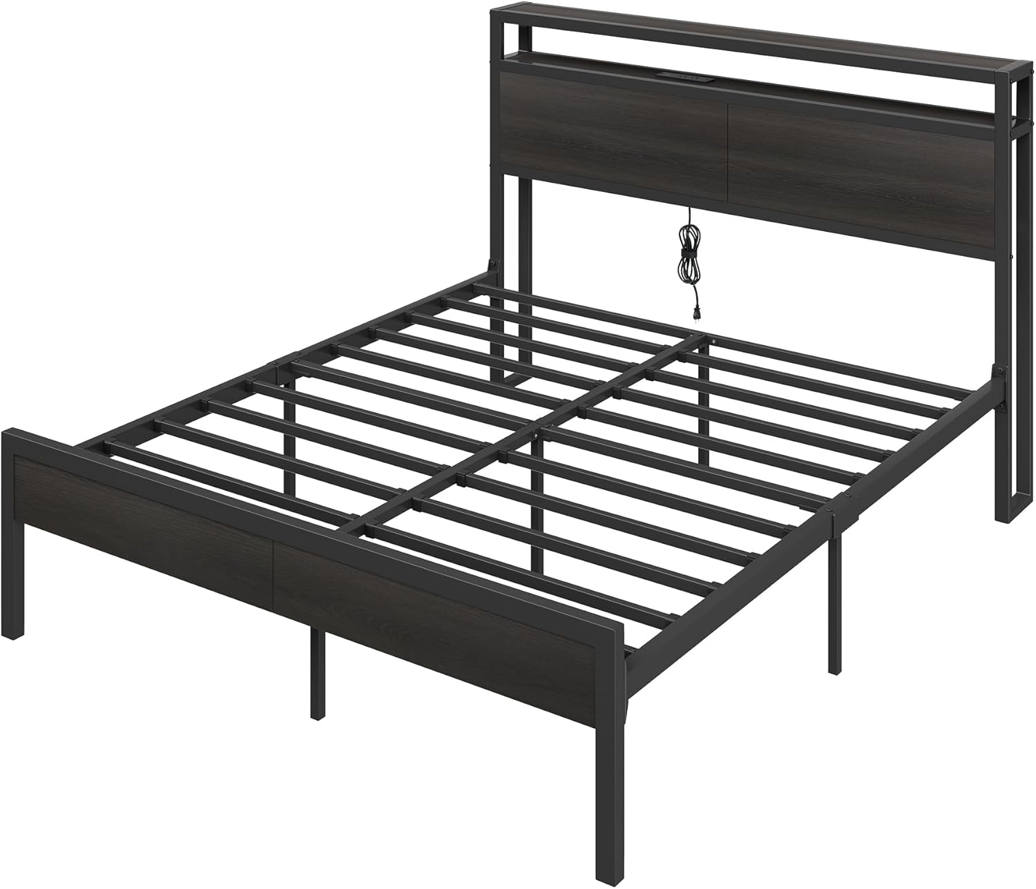 AMERLIFE Full Size Bed Frame with Storage Headboard & Charging Station, Industrial Metal Platform Bed with Large Under-Bed Storage, Heavy Duty Slats, No Box Spring Needed, Black