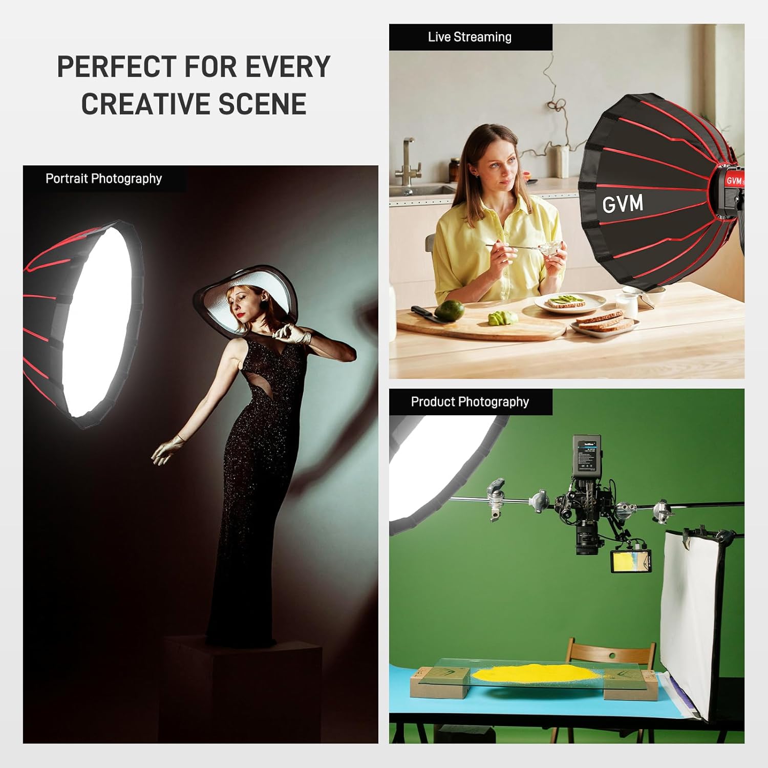 GVM 60cm Parabolic Softbox, Quick Setup Portable Light Modifier with Honeycomb Grid, Bowens Mount Compatible, for Portrait Photography, Interview Lighting & Studio Video