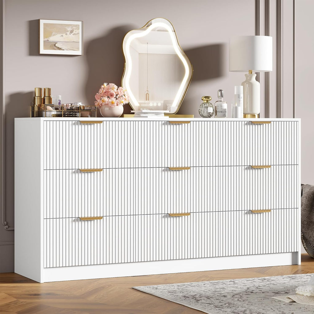 Garvee 9 Drawers Dresser for Bedroom - 59" Wide Modern Fluted Chest of Drawers with Golden Metal Handles, Large TV Stand Multi-Function Home Organizer for Living Room, Entryway, Hallway, White