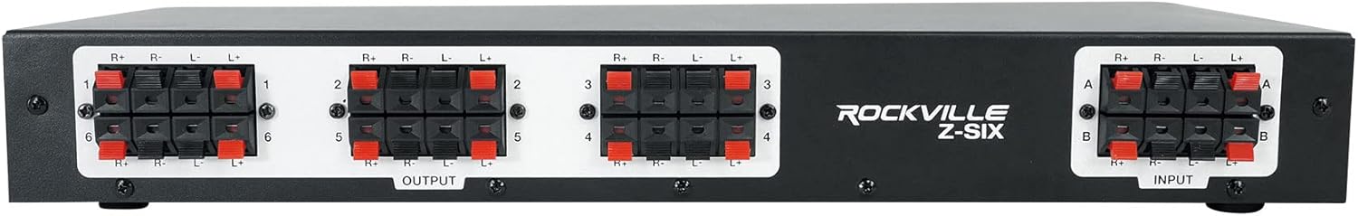Rockville Z-SIX 300W 6-Zone Audio Zoner 8-Ohm, Multi-Room Control, Dual Source Inputs, Volume Control, for Home and Commercial Audio Systems