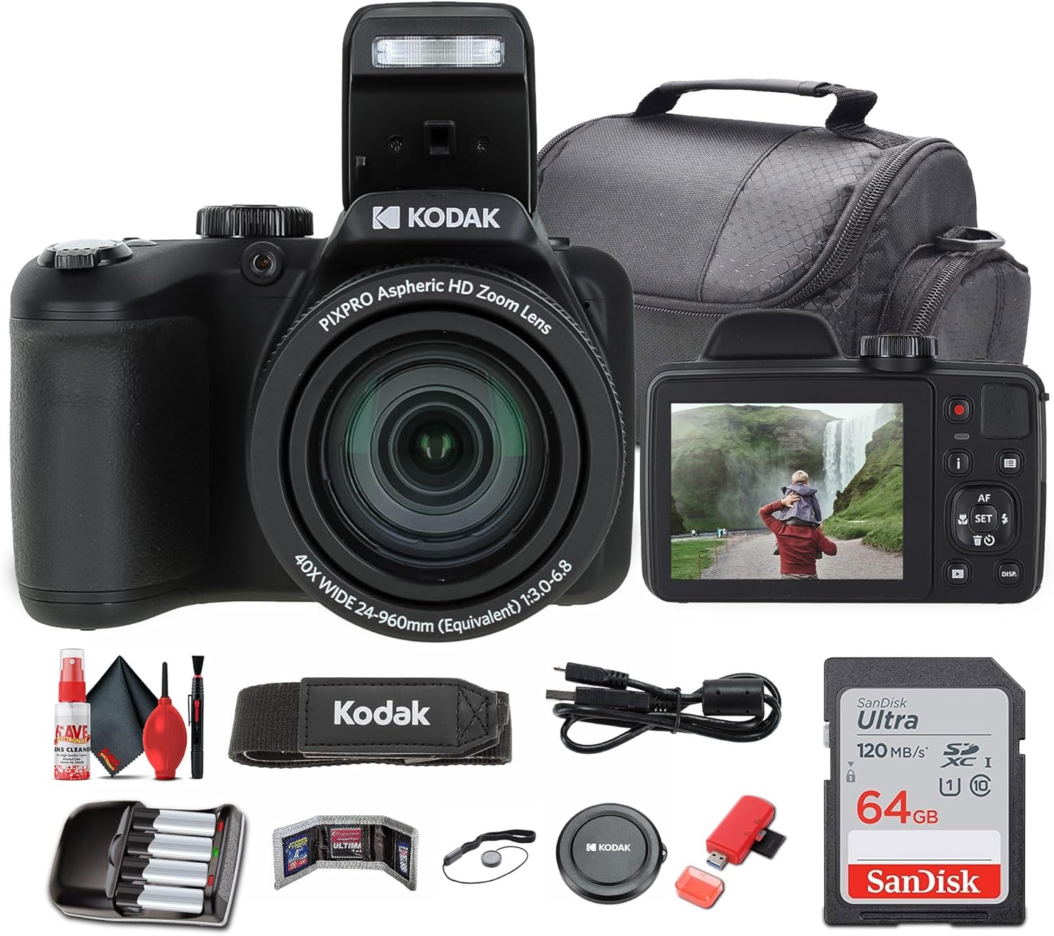 Kodak Pixpro AZ405 Digital Camera (AZ405BK) Bundle Including: 64 GB Memory Card, Rechargeable Batteries, Case, Neck Strap, Lens Caps, Full Cleaning Kit, Card Reader, Card Wallet, USB Cable, Cap Keeper