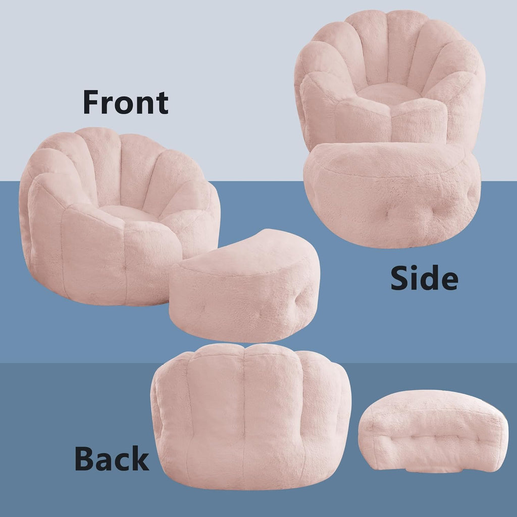 Mofolit 46" Oversized Flower Bean Bag Chair with Ottoman for Adults,Large Cozy Beanbag Chair with Artificial Rabbit Fur Fabric,Boneless Sofa for Living Room,Reading Room and Apartment. (Pink)