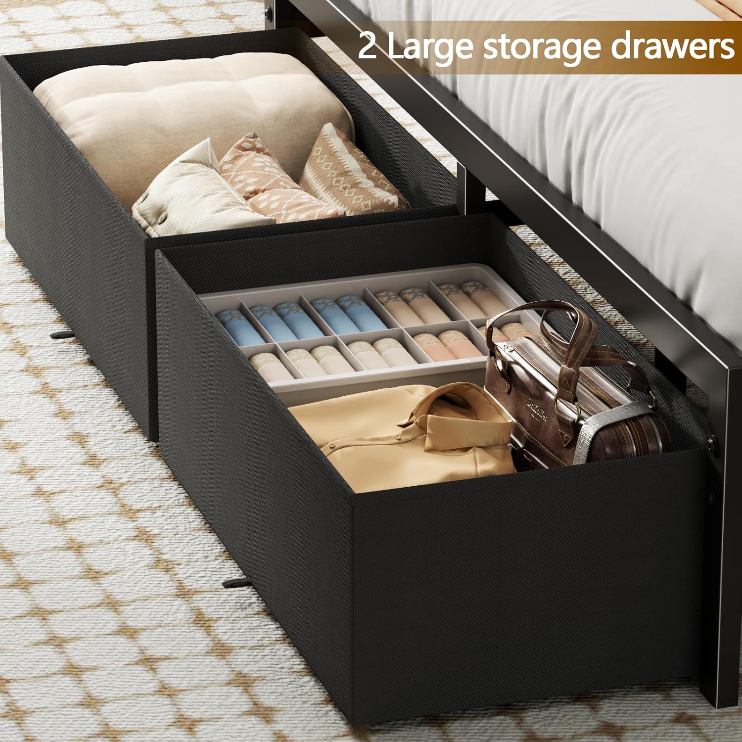Furnulem Queen Size Bed Frame with Headboard Storage, Platform Bed Frame Queen Size with 2 Drawers, Charging Station and LED Lights, No Box Spring Needed, Noise Free, Easy Assembly (1200 lbs Capacity)