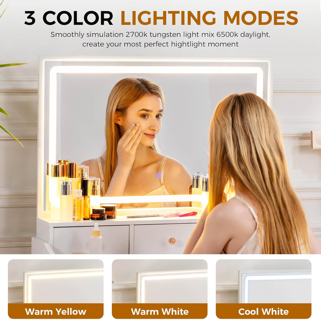 COMHOMA Makeup Vanity Desk with Mirror and Lights, Vanity Table and Chair Set with 5 Drawers & Charging Station, Bedroom Dressing Table, Stepless Dimmable & 3 Color Modes Adjustable, Snow White