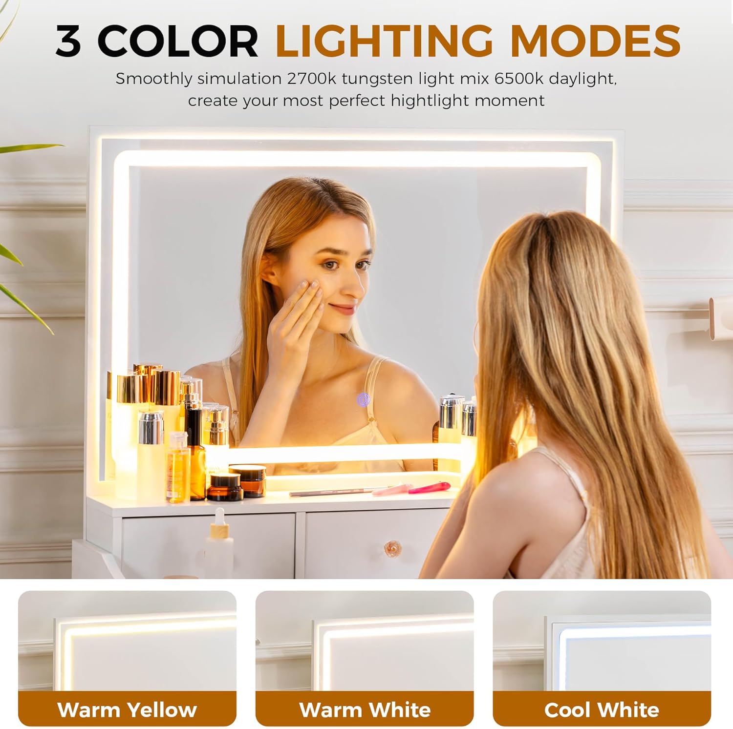 COMHOMA Makeup Vanity Desk with Mirror and Lights, Vanity Table and Chair Set with 5 Drawers & Charging Station, Bedroom Dressing Table, Stepless Dimmable & 3 Color Modes Adjustable, Snow White