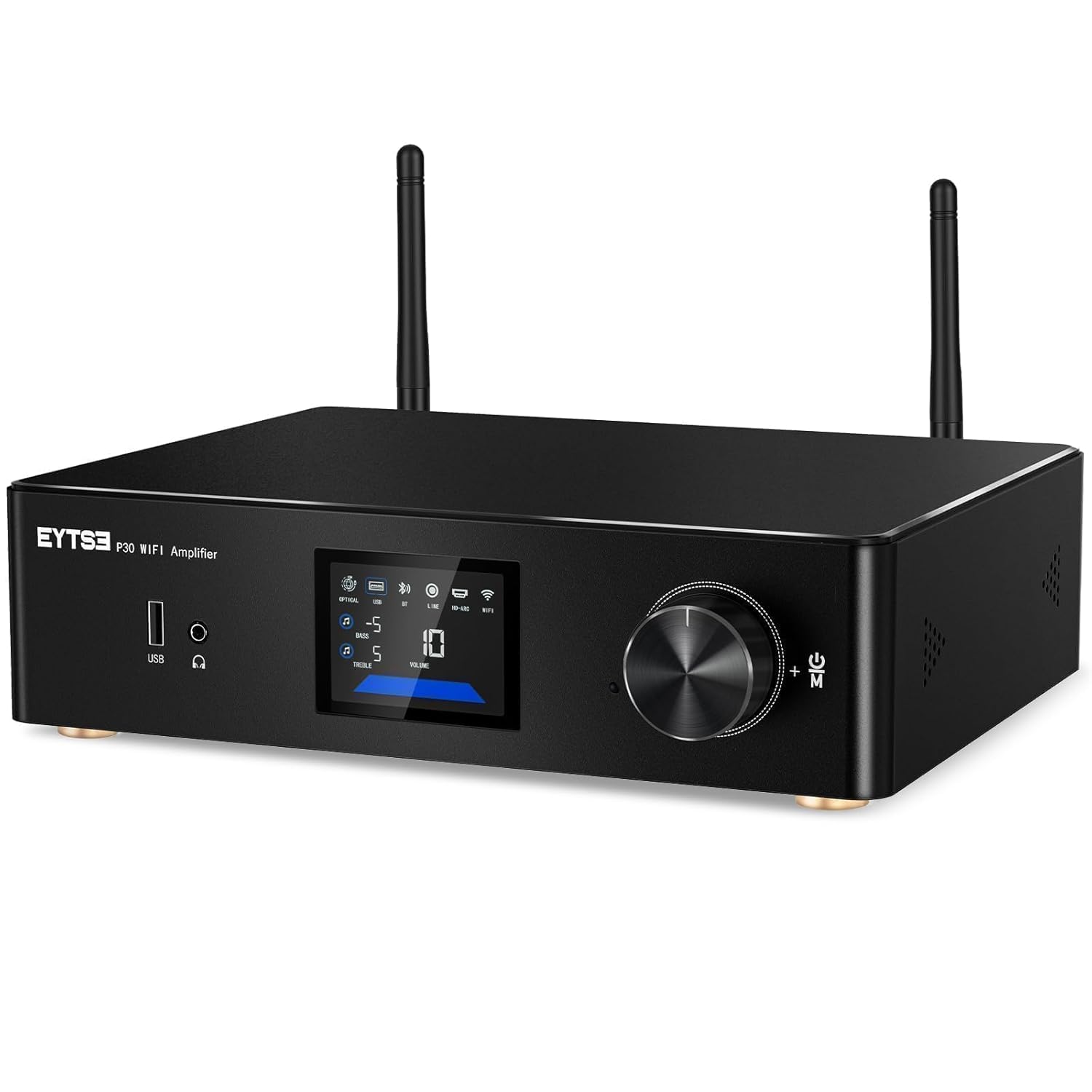 P30 300W x 2 Multiroom Streaming Amplifier Stereo Music Streamer with ESS ES9023Q2M DAC & TI TPA3255DD Amps, 3" LCD Screen, WiFi, BT, Remote Control, PC in, HDMI ARC, Optical, RCA I/O Ports