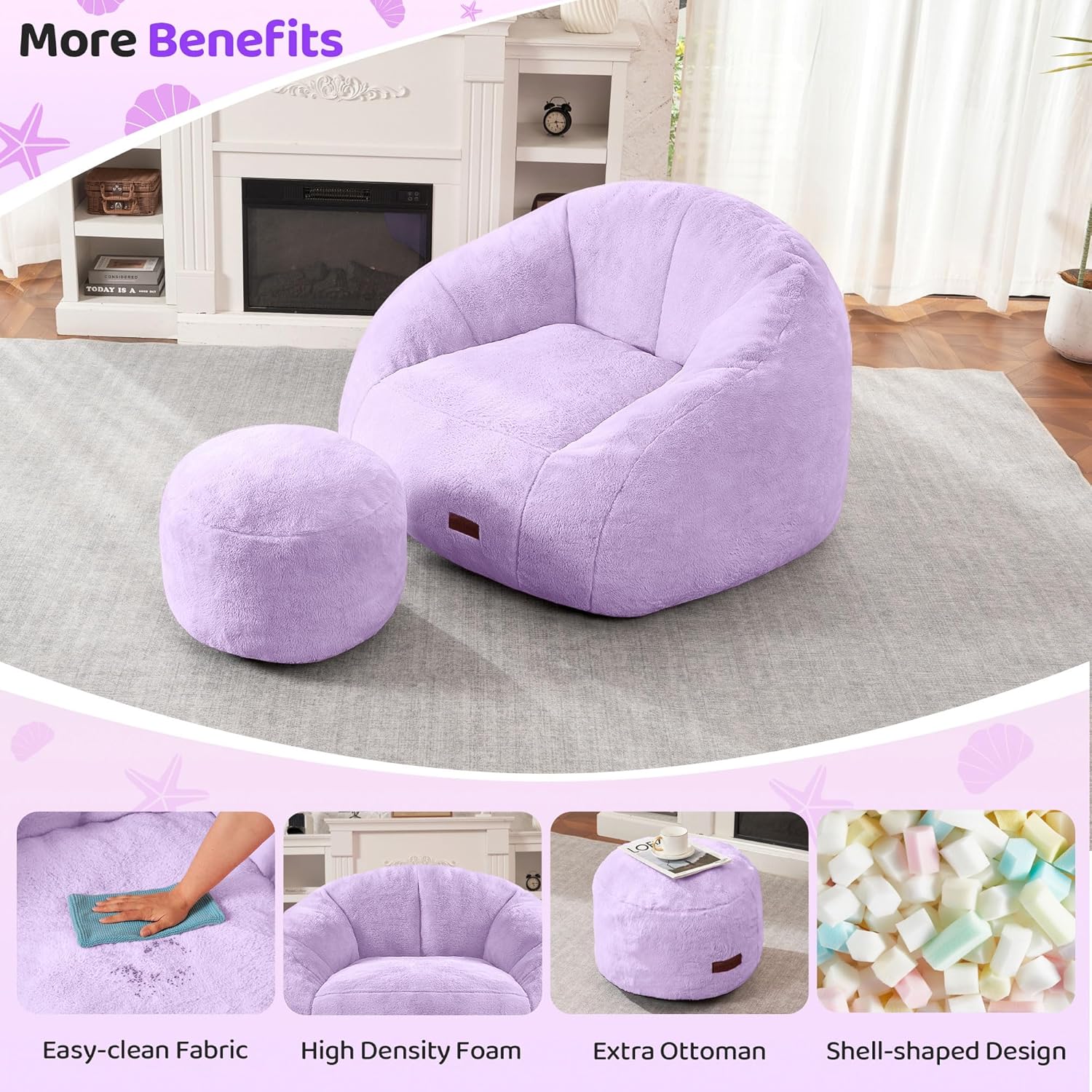 HABUTWAY Bean Bag Chair, Giant Bean Bag Chairs for Adults with Ottoman, Comfy Faux Fur Shell-Shaped Bean Bag Couch, Sofa Chair for Living Room, Bedroom, Purple
