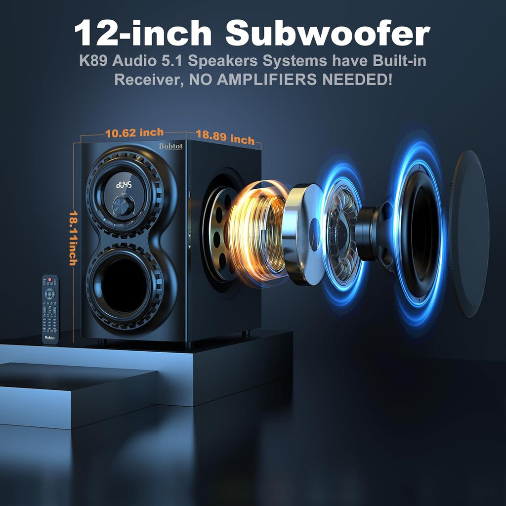 Bobtot Surround Sound Systems 1400 Watts Peak Power Home Theater Speakers - 12" Subwoofer Strong Bass 5.1 Wired Loud Stereo Audio System with ARC Optical Bluetooth Input for TV