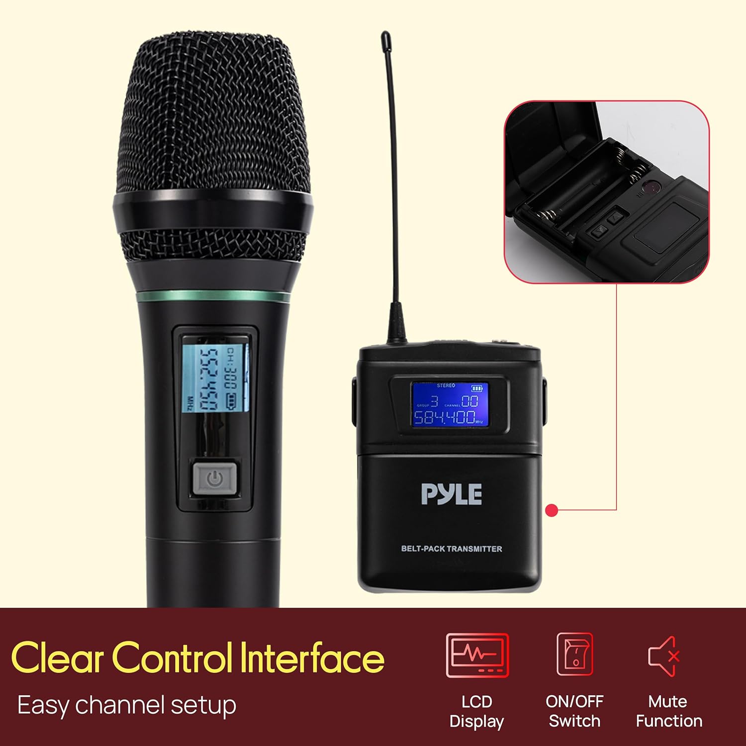 Pyle 8 Channel UHF Wireless Microphone System with 4 Handheld, 4 Lavalier & 4 Headset Microphones, 300 Ft Range & Rack Mount Receiver for Church, Conferences & Live Events