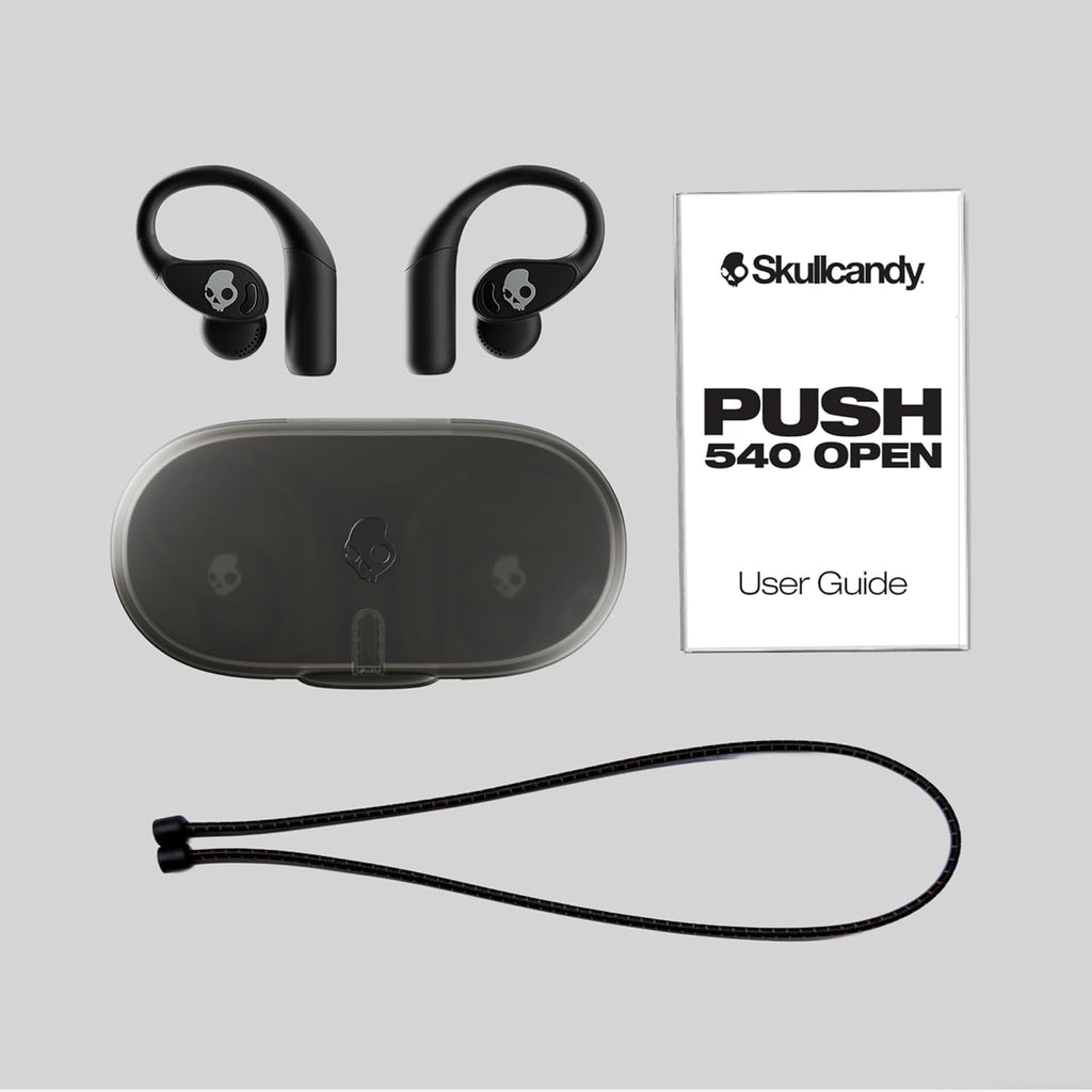 Skullcandy Push 540 Open Wireless Open-Ear Bluetooth Earbuds, Headphones, Sweat and Water Resistant, 42 Hours Battery, Detachable Neckband, Secure Fit, Microphone for iPhone Android - True Black