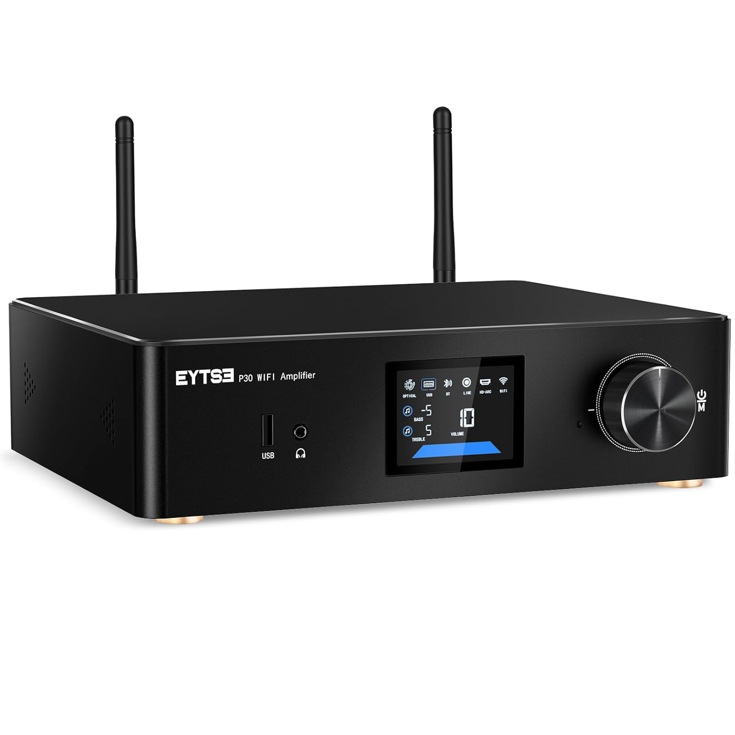 P30 300W x 2 Multiroom Streaming Amplifier Stereo Music Streamer with ESS ES9023Q2M DAC & TI TPA3255DD Amps, 3" LCD Screen, WiFi, BT, Remote Control, PC in, HDMI ARC, Optical, RCA I/O Ports