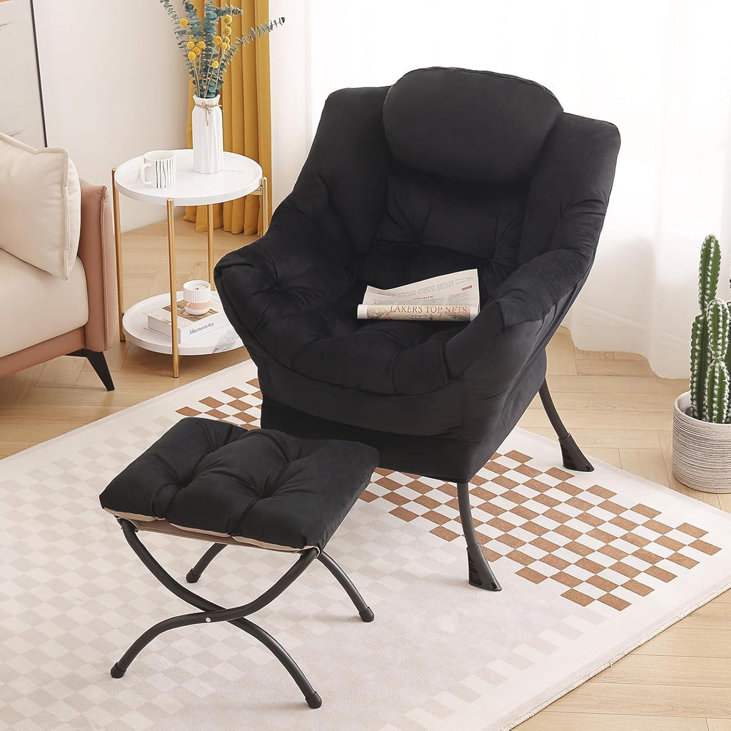 Tiita Lazy Chair with Ottoman, Black Modern Large Accent Chair, Comfy Leisure Sofa Armchair with Ottoman, Reading Chair with Footrest for Bedroom, Living Room, Dorm Rooms, Velvet Black