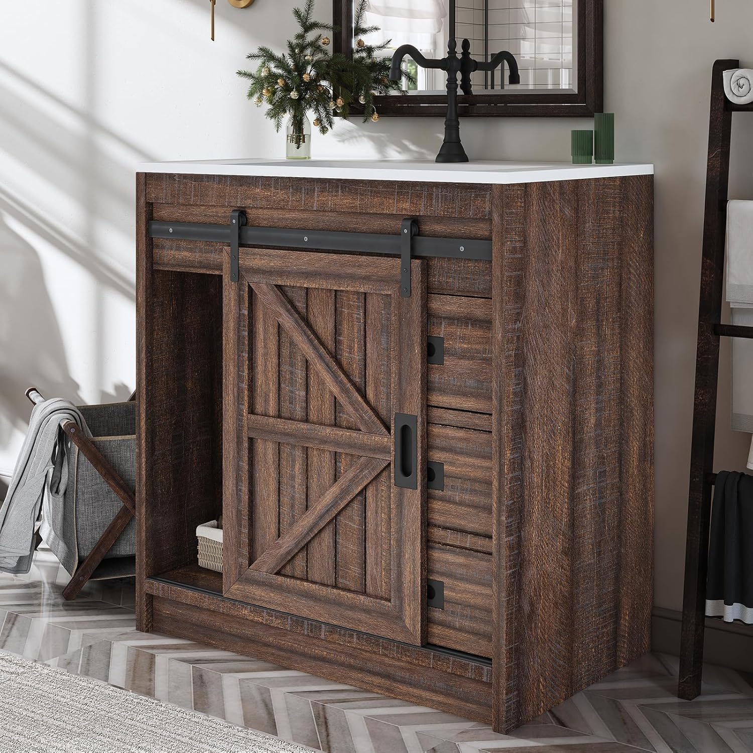 LUXOAK 30" Farmhouse Sliding Barn Door Bathroom Vanity with Sink Combo, Bathroom Vanity Cabinet with Drawers & Metal Handles, Freestanding, Reclaimed Barnwood