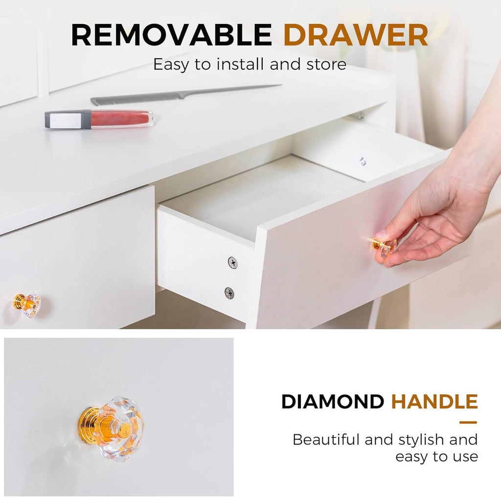 COMHOMA Makeup Vanity Desk with Mirror and Lights, Vanity Table and Chair Set with 5 Drawers & Charging Station, Bedroom Dressing Table, Stepless Dimmable & 3 Color Modes Adjustable, Snow White