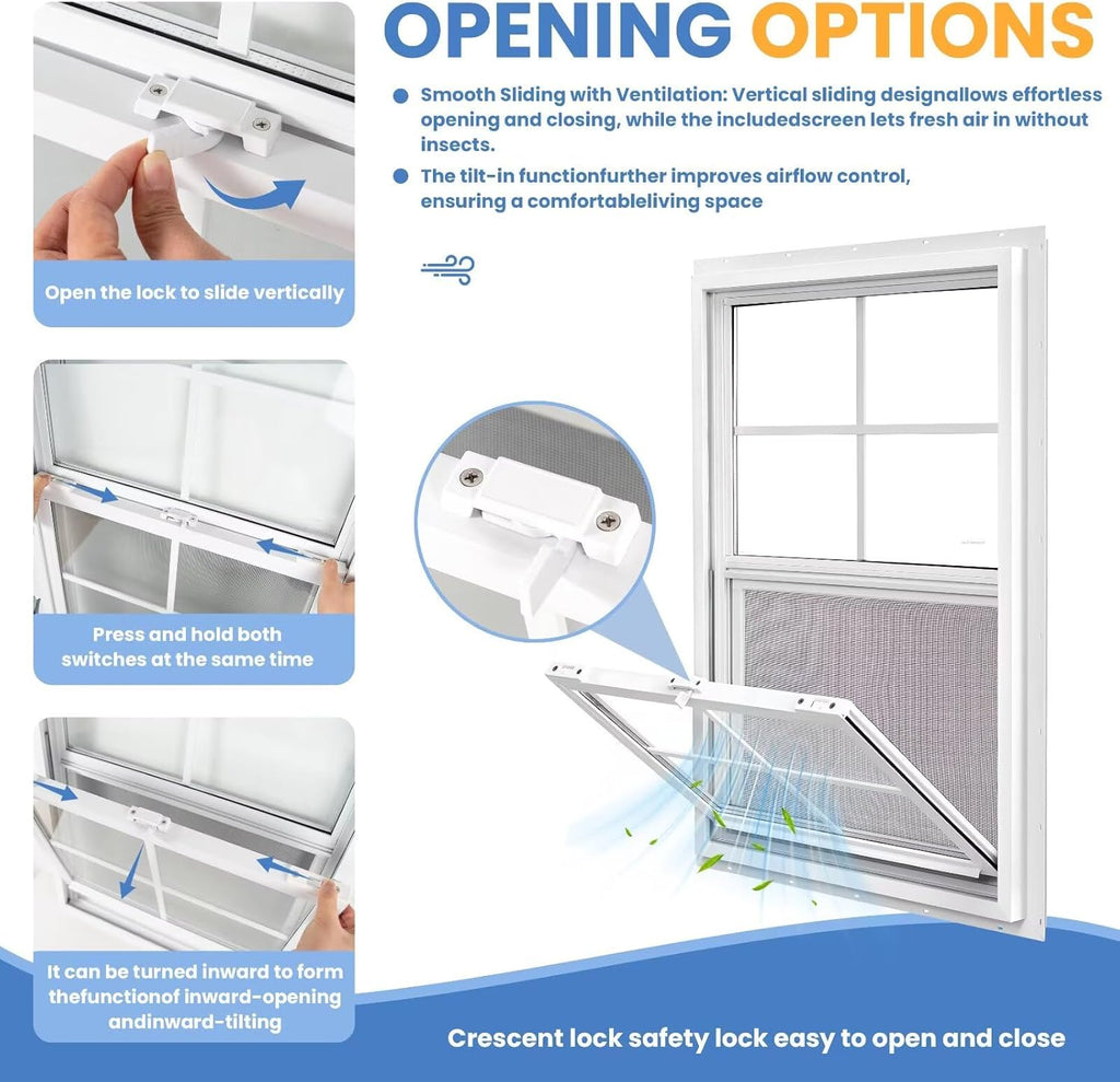Vinyl Single Hung Window, 24" x 36" Household Sliding Window with Double-Pane Insulated Tempered Glass, Lower Tilt Sash Screen Included Window for House, Mobile Home (White)