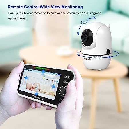 HelloBaby Upgrade 5'' Baby Monitor with 30-Hour Battery, 2 Cameras Pan-Tilt-Zoom, 1000ft Range Video Audio Baby Monitor No WiFi, VOX, Night Vision, 2-Way Talk, 8 Lullabies and Temperature