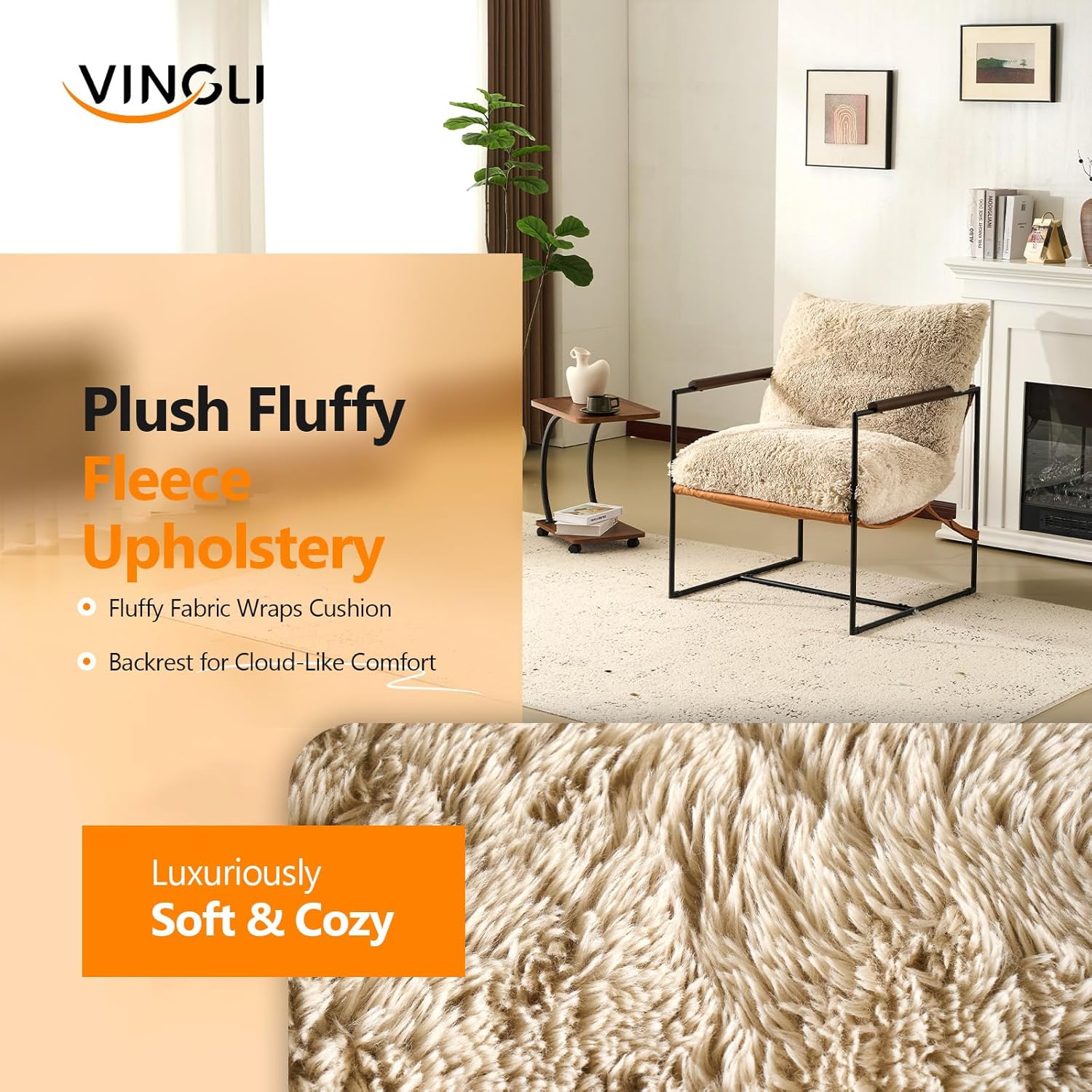 VINGLI 28" Wide Plush Upholstery Sling Modern Accent Chairs Set of 2, Cute Reading Armchair with Removable Seat Cushion & Tan Microfiber Seat Base, Lazy Chair for Bedroom & Lounge, Beige