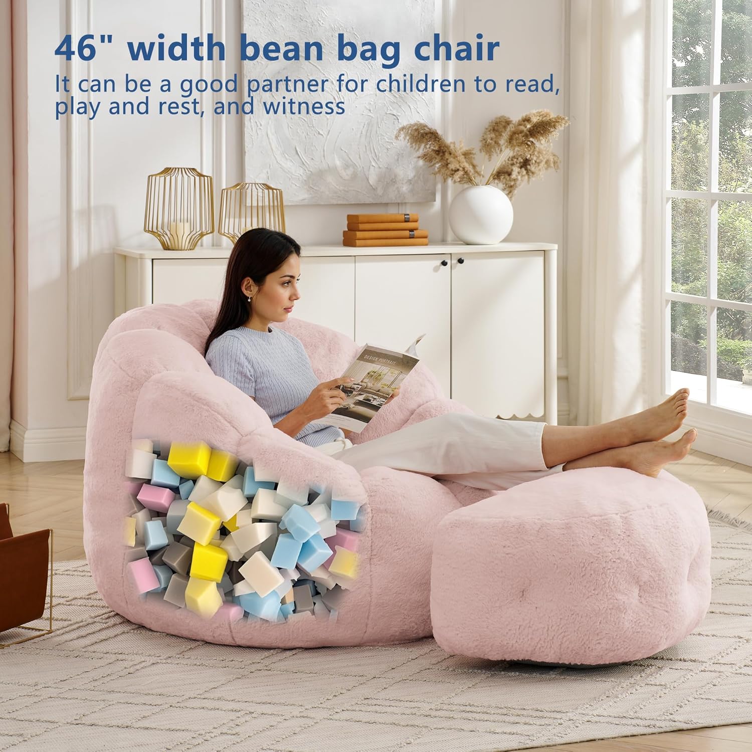 Mofolit 46" Oversized Flower Bean Bag Chair with Ottoman for Adults,Large Cozy Beanbag Chair with Artificial Rabbit Fur Fabric,Boneless Sofa for Living Room,Reading Room and Apartment. (Pink)