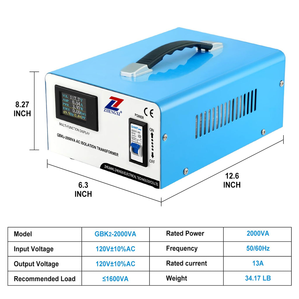 ZHENGXI Isolation Transformer 120V to 120V,2000W Voltage Converter, HD Display, No Niose, 2 Output Sockets