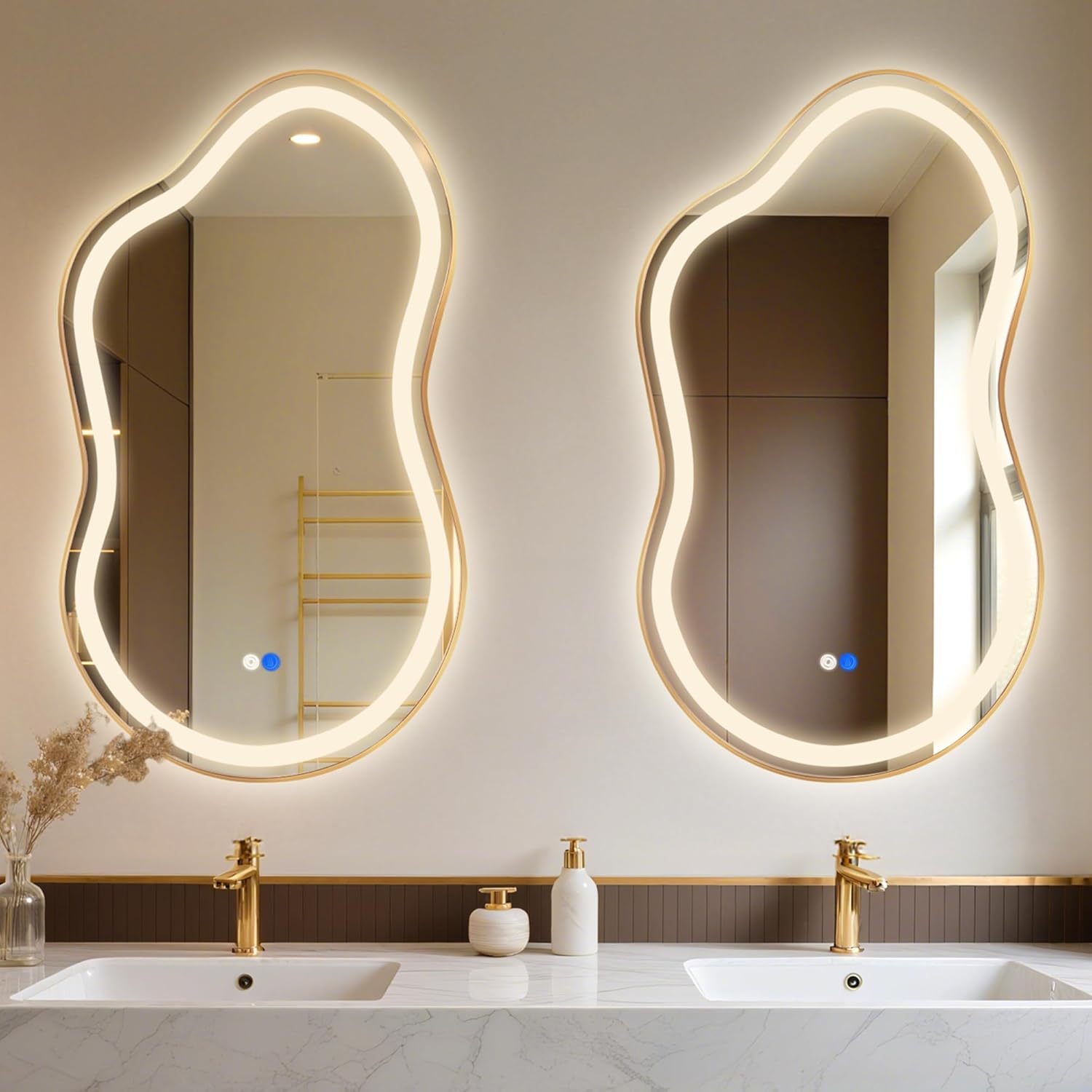 Irregular LED Bathroom Mirror with Lights, Cloud Smart Backlit Mirror, Dimmable Lighted Bathroom Gold Mirror with Anti-Fog, Asymmetrical Vanity Mirror Hangable 2 Ways (Gold, 20 x 36, 1 Pack)