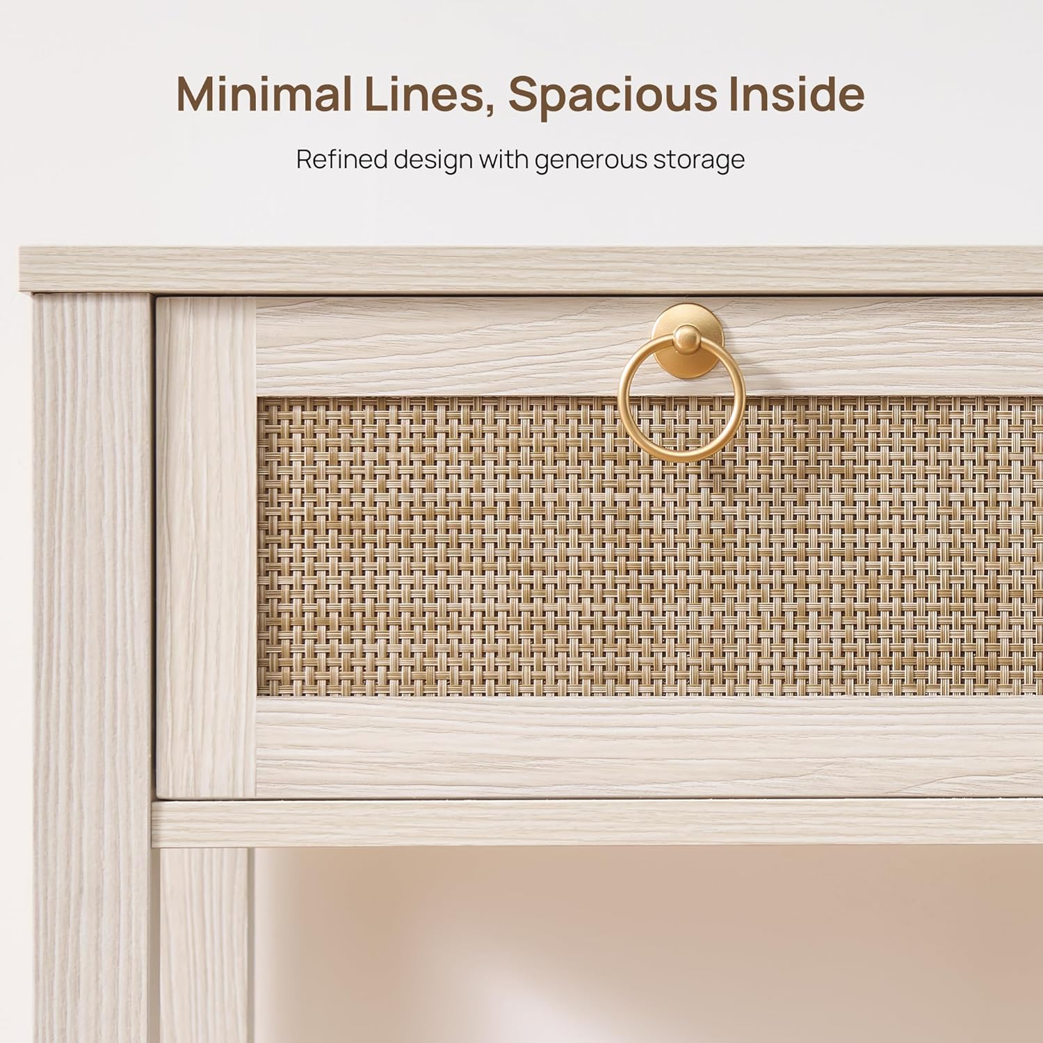 SICOTAS White Nightstand Set of 2,Rattan Decor Drawer with Brass Knobs Night Stand Bedside Table Boho End Tables Side Tables with Storage Shelf for Bedroom,Small Space
