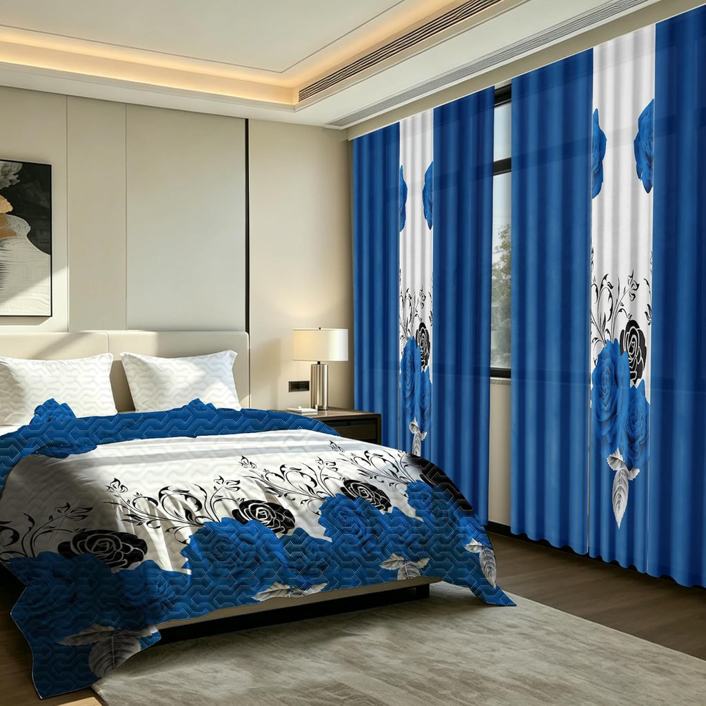 Deepsleep Queen Size Quilt Set 9 Pieces with Matching Curtain, with 2 Pillowcases and 6 Curtains for Bedroom, Machine Washable Microfiber Bedding Set for All Season, Blue Rose