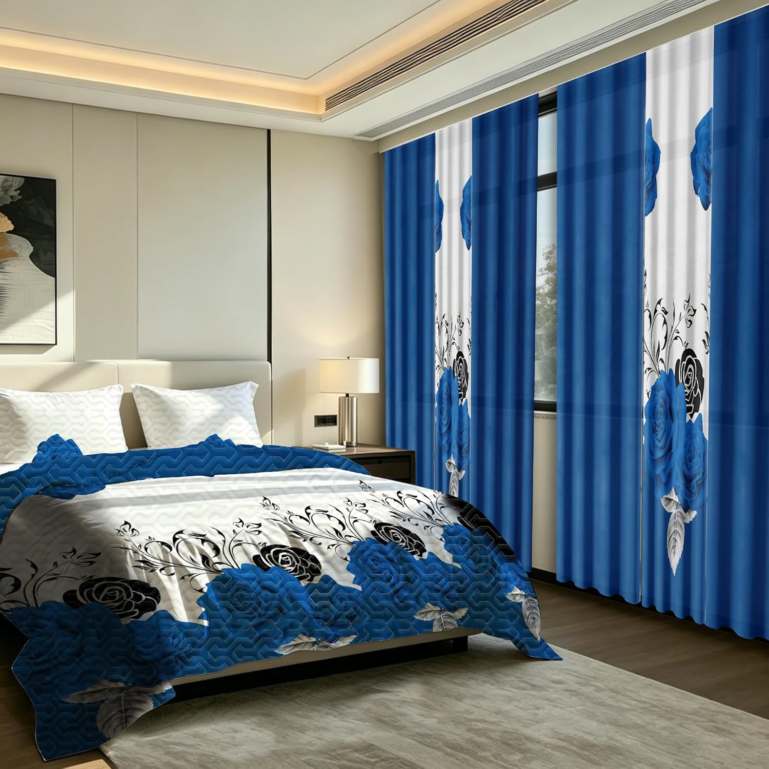 Deepsleep Queen Size Quilt Set 9 Pieces with Matching Curtain, with 2 Pillowcases and 6 Curtains for Bedroom, Machine Washable Microfiber Bedding Set for All Season, Blue Rose